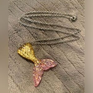 yellow & pink mermaid tail necklace with silver colored 16&1/2 inch chain